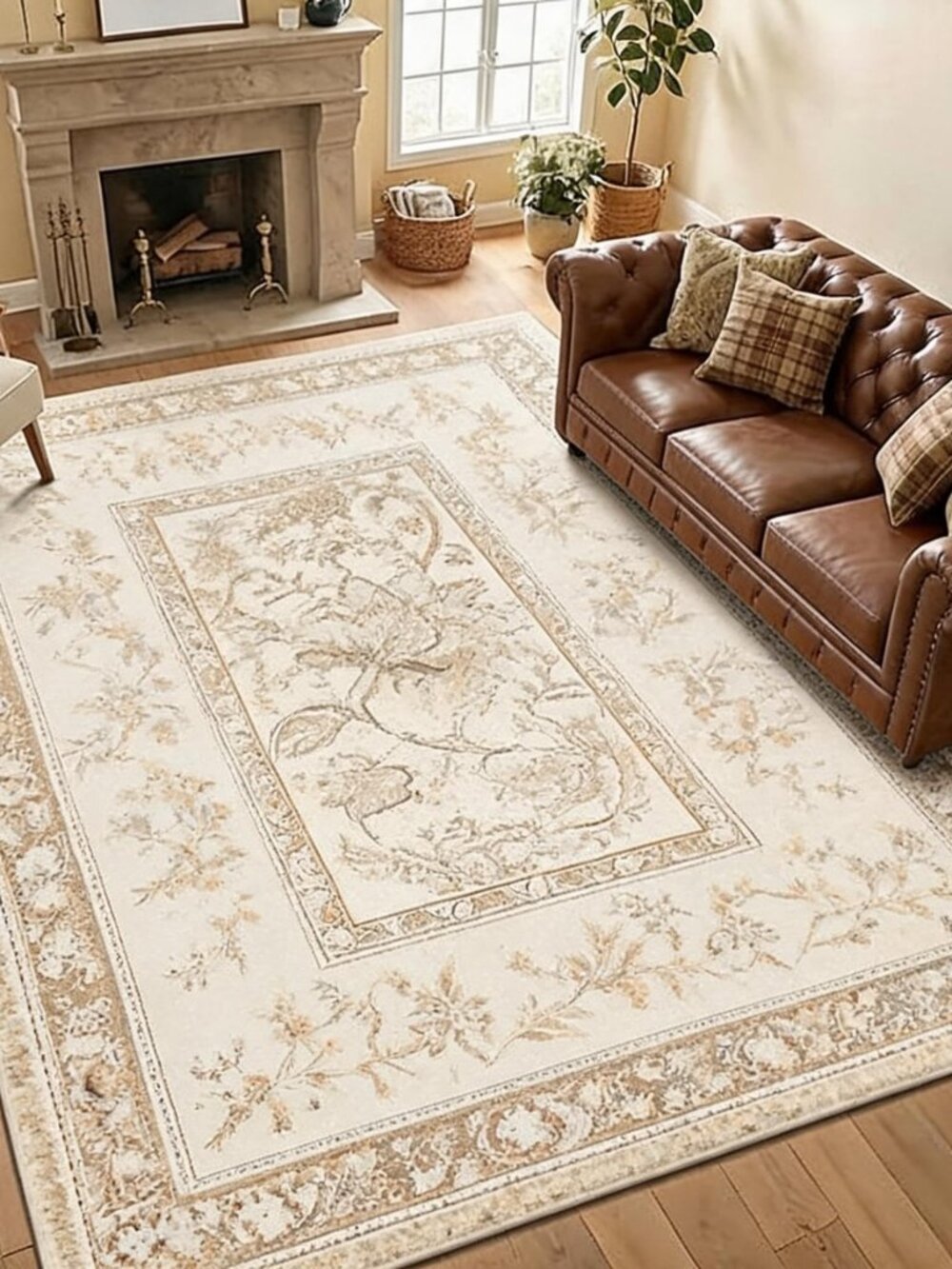 Vintage Beige Area Rug 5x7 Washable Cottage Core Retro Farmhouse Low-Pile Stain